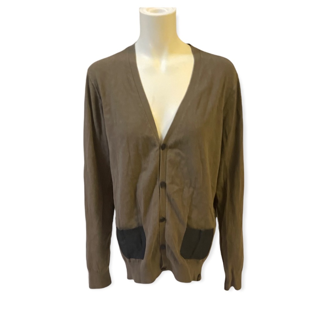 RUDSAK Olive Brown V-Neck Cardigan with Black Pocket Accents